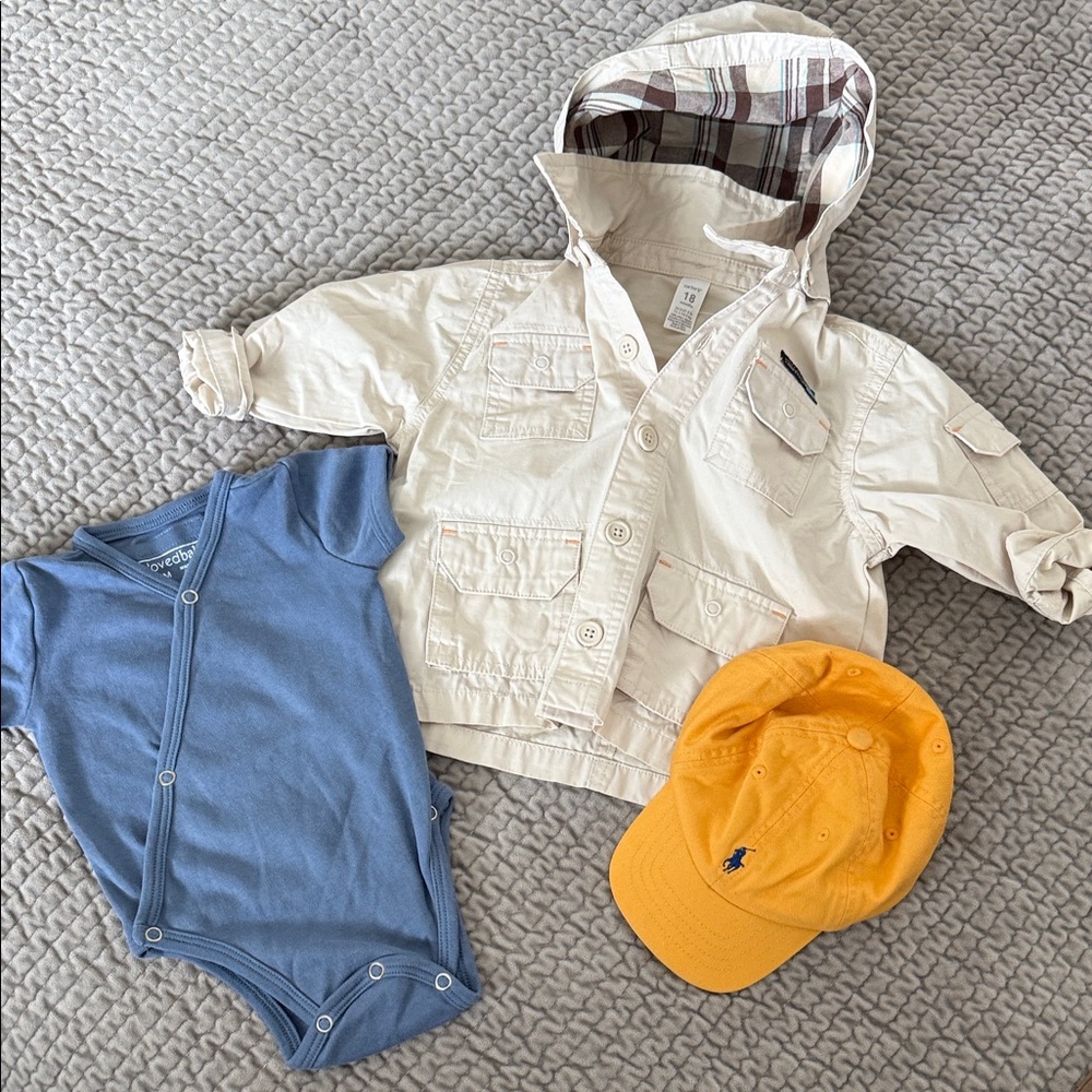 Combo of 3 pieces Blue Baby Onesie, Beige Jacket and Yellow Cap
